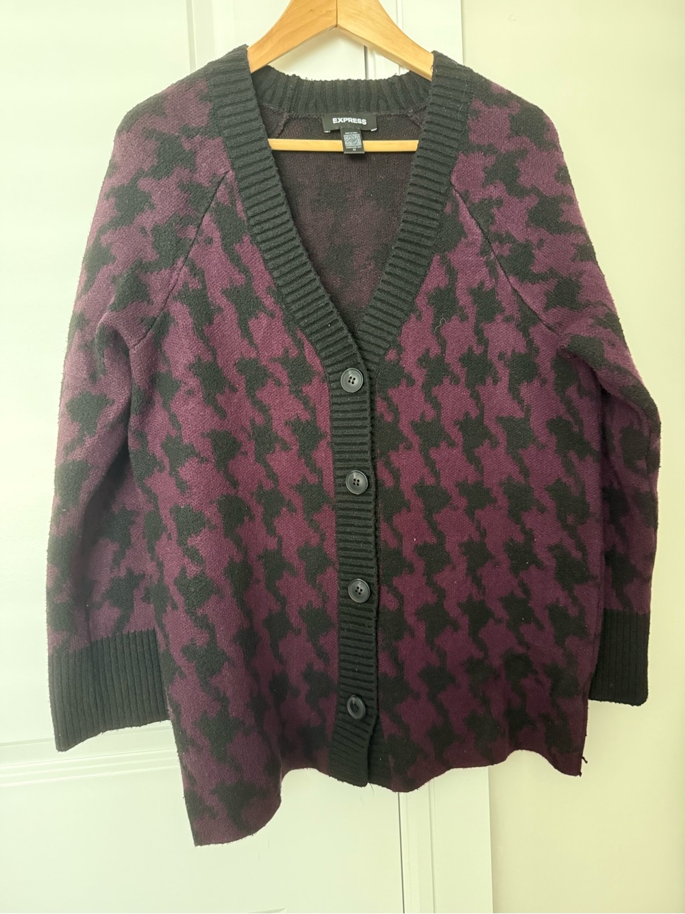 Express Women's Purple and Black Houndstooth Button Cardigan size extra Small